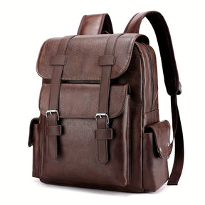 Mochila masculina de couro PU com compartimento para laptop, design funcional e elegante, resistente à água, ideal para trabalho e estudos.