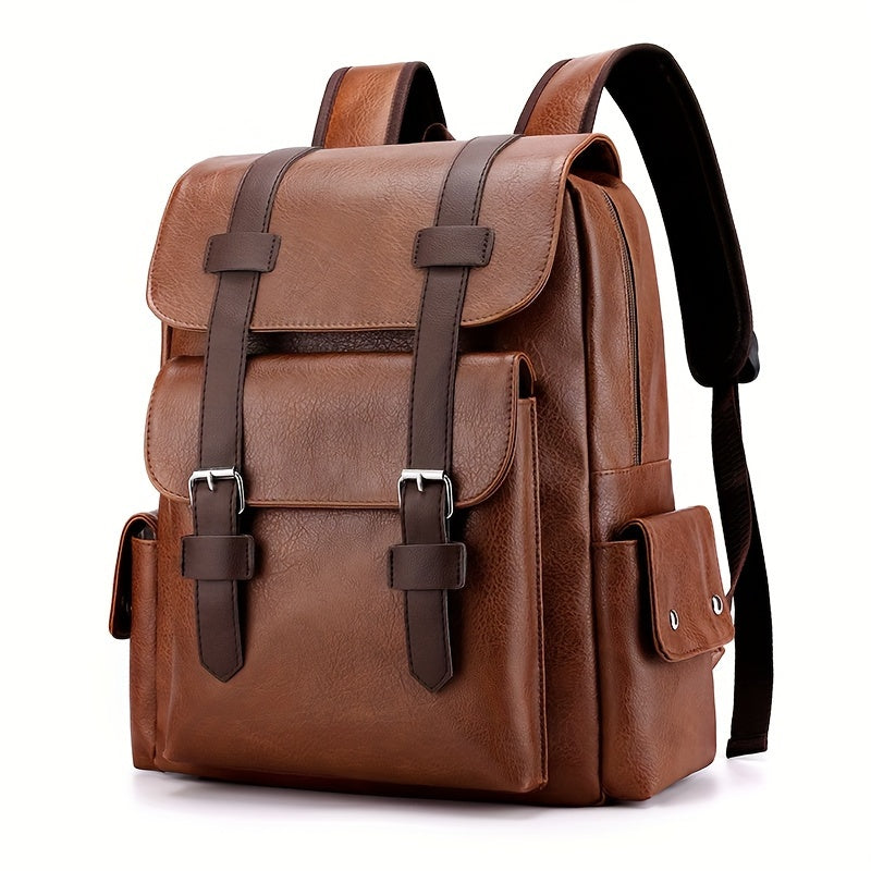 Mochila masculina de couro PU com compartimento para laptop, design funcional e elegante, resistente à água, ideal para trabalho e estudos.