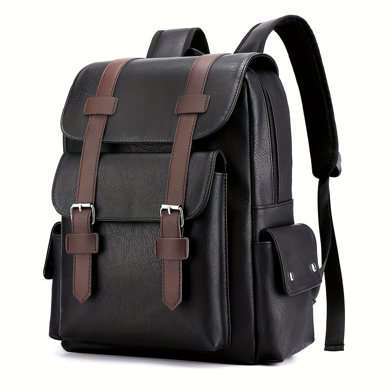 Mochila masculina de couro PU com compartimento para laptop, design funcional e elegante, resistente à água, ideal para trabalho e estudos.