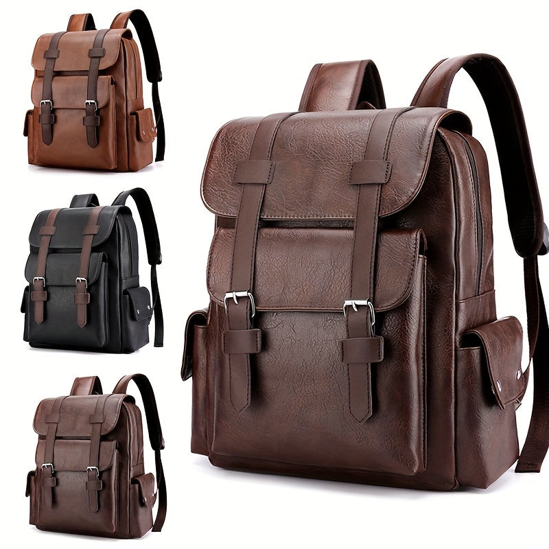 Mochila masculina de couro PU com compartimento para laptop, design funcional e elegante, resistente à água, ideal para trabalho e estudos.