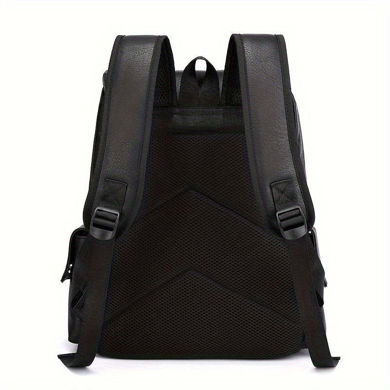 Mochila masculina de couro PU com compartimento para laptop, design funcional e elegante, resistente à água, ideal para trabalho e estudos.