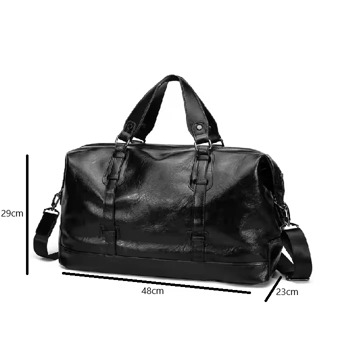 Bolsa de viagem masculina grande, em couro PU preto, com alça de mão e ombro ajustável, ideal para viagens e atividades ao ar livre.

