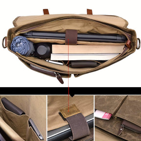 Bolsa de mensageiro masculina em couro legítimo à prova d'água, com alça ajustável e compartimento para laptop.