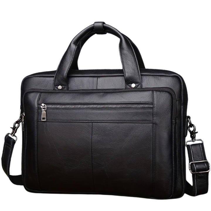 Bolsa transversal masculina de couro legítimo vintage, preta, com alça destacável e compartimento para laptop.