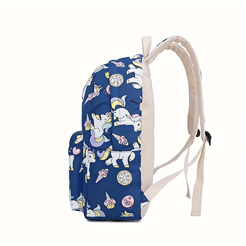 Kit escolar com tema de unicórnio, incluindo mochila, lancheira e estojo, feito de nylon resistente com estampa charmosa e divertida.