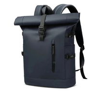 Mochila de viagem masculina expansível, preta, material Oxford, grande capacidade (20-35L), com compartimento para laptop e porta USB integrada.

