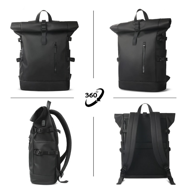 Mochila de viagem masculina expansível, preta, material Oxford, grande capacidade (20-35L), com compartimento para laptop e porta USB integrada.

