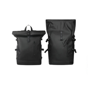 Mochila de viagem masculina expansível, preta, material Oxford, grande capacidade (20-35L), com compartimento para laptop e porta USB integrada.

