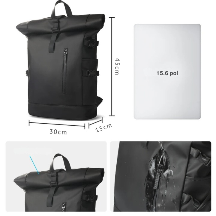 Mochila de viagem masculina expansível, preta, material Oxford, grande capacidade (20-35L), com compartimento para laptop e porta USB integrada.

