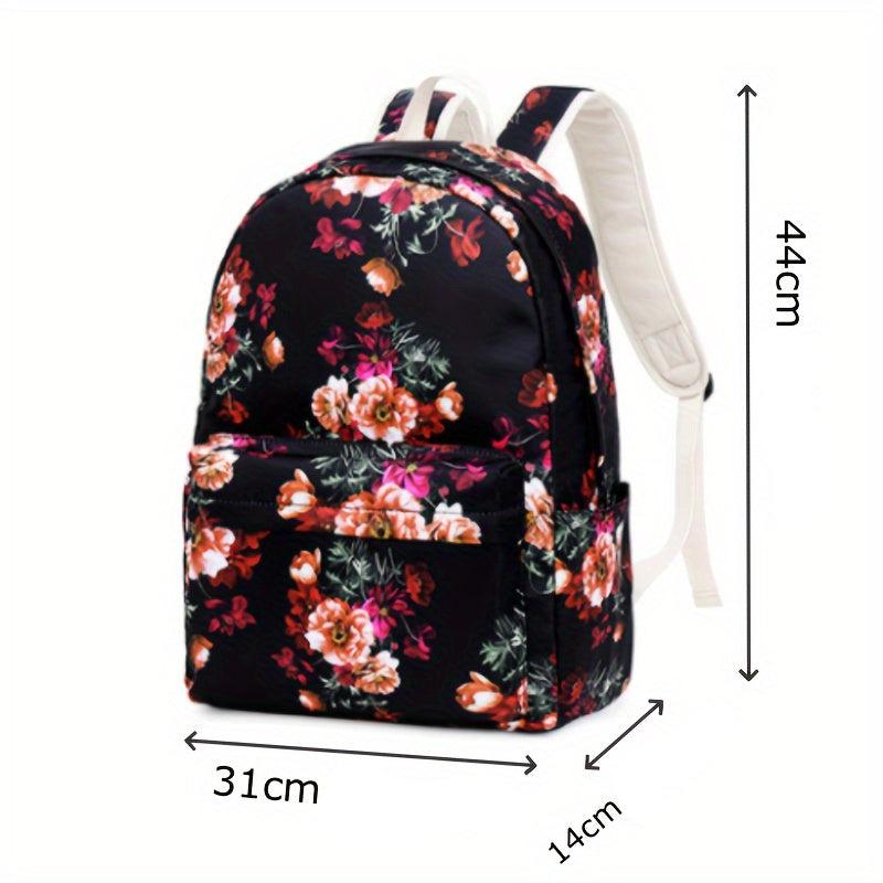 Conjunto de mochila escolar fashion com estampa floral, lancheira e estojo, feito em nylon resistente e leve, com fechamento em zíper.