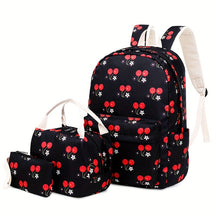 Conjunto de mochila escolar fashion com estampa floral, lancheira e estojo, feito em nylon resistente e leve, com fechamento em zíper.