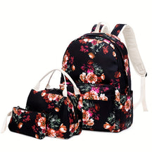 Conjunto de mochila escolar fashion com estampa floral, lancheira e estojo, feito em nylon resistente e leve, com fechamento em zíper.