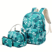 Conjunto de mochila escolar fashion com estampa floral, lancheira e estojo, feito em nylon resistente e leve, com fechamento em zíper.