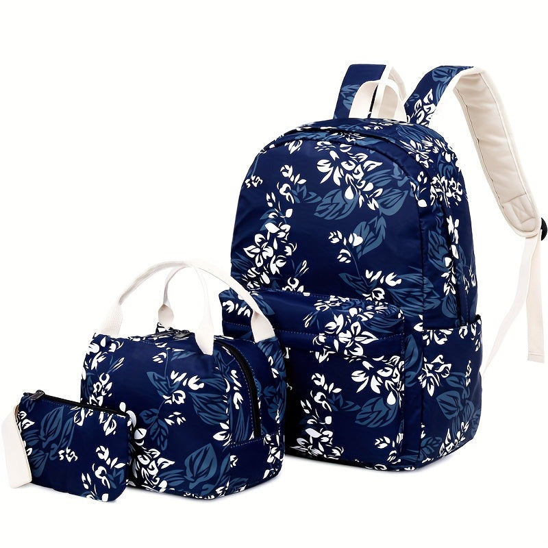 Conjunto de mochila escolar fashion com estampa floral, lancheira e estojo, feito em nylon resistente e leve, com fechamento em zíper.