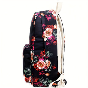 Conjunto de mochila escolar fashion com estampa floral, lancheira e estojo, feito em nylon resistente e leve, com fechamento em zíper.