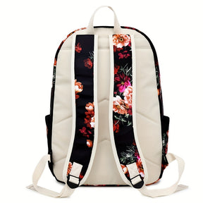 Conjunto de mochila escolar fashion com estampa floral, lancheira e estojo, feito em nylon resistente e leve, com fechamento em zíper.