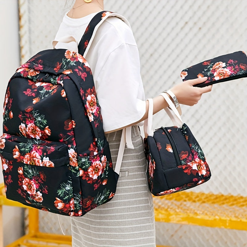 Conjunto de mochila escolar fashion com estampa floral, lancheira e estojo, feito em nylon resistente e leve, com fechamento em zíper.