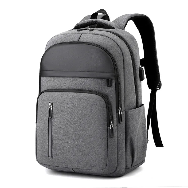 Mochila masculina antifurto em nylon impermeável com porta USB e compartimento para laptop de 15,6 polegadas, design casual e funcional.