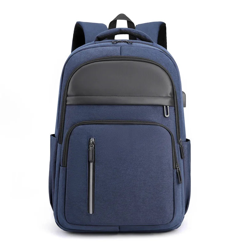 Mochila masculina antifurto em nylon impermeável com porta USB e compartimento para laptop de 15,6 polegadas, design casual e funcional.