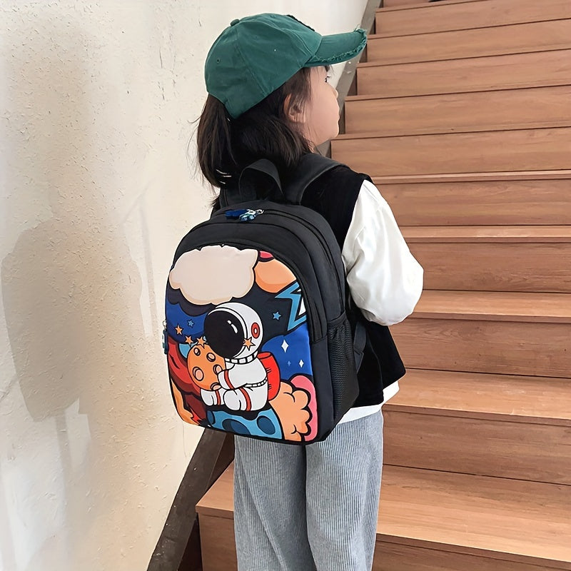 Mochila infantil de desenhos animados em nylon leve, com alças ajustáveis e fechamento em zíper, perfeita para crianças de 3-6 anos usarem na escola ou viagens.