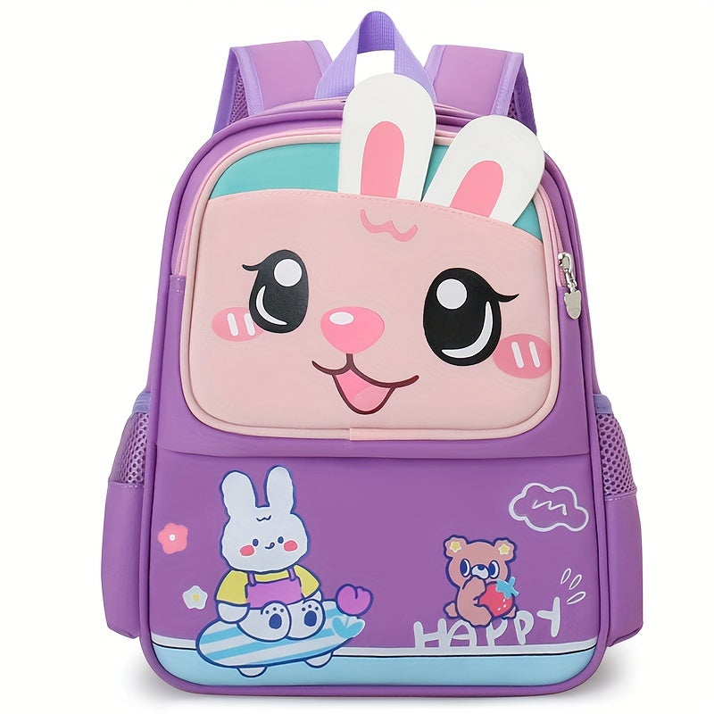 Mochila infantil de nylon com estampa de coelho, leve, impermeável e resistente a manchas, com alças ajustáveis para crianças de 3-6 anos.