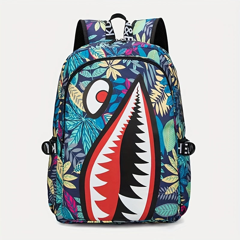 Mochila esportiva com estampa de grafite e dentes afiados, grande capacidade, ideal para uso escolar e ao ar livre.