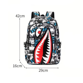 Mochila esportiva com estampa de grafite e dentes afiados, grande capacidade, ideal para uso escolar e ao ar livre.