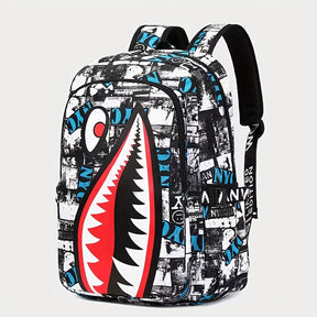 Mochila esportiva com estampa de grafite e dentes afiados, grande capacidade, ideal para uso escolar e ao ar livre.