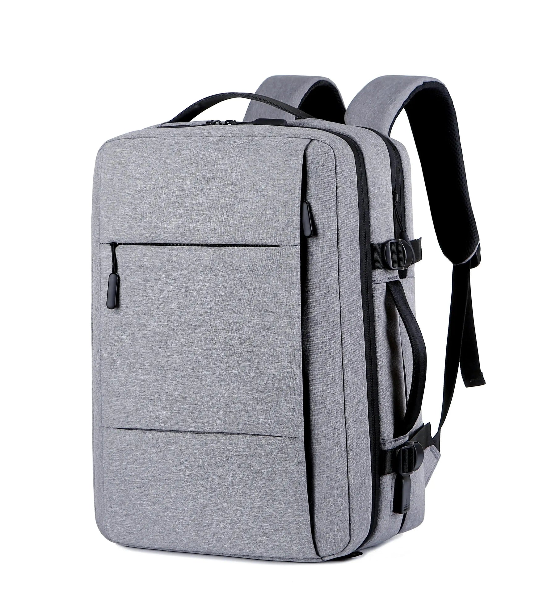 Mochila de viagem expansível masculina, feita em oxford à prova d'água, com compartimento para laptop e design elegante e funcional.