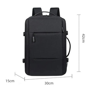 Mochila de viagem expansível masculina, feita em oxford à prova d'água, com compartimento para laptop e design elegante e funcional.