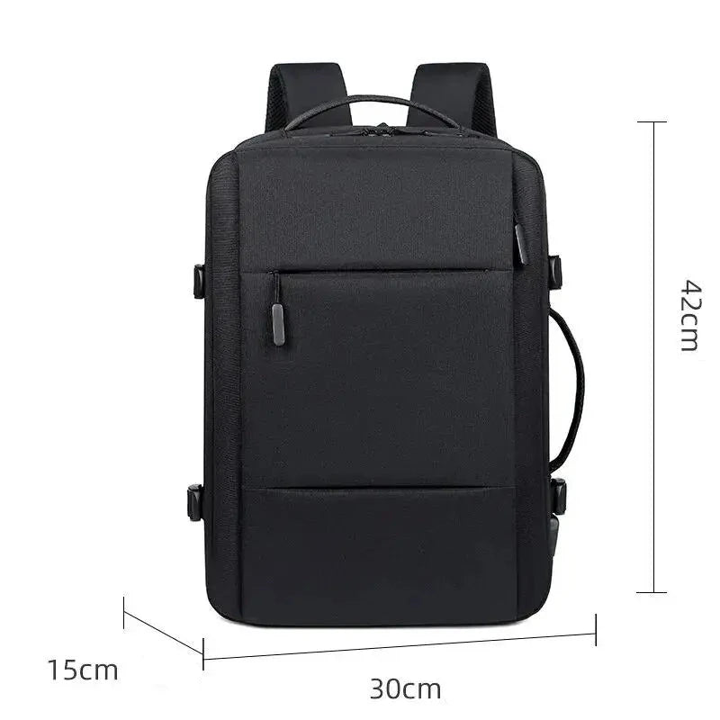 Mochila de viagem expansível masculina, feita em oxford à prova d'água, com compartimento para laptop e design elegante e funcional.