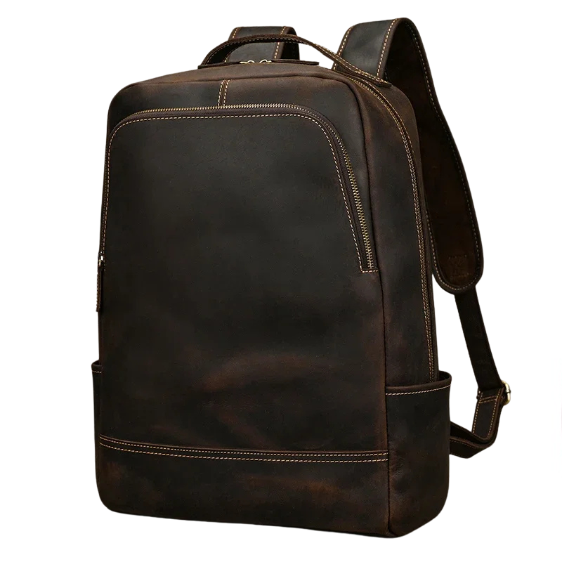 Mochila vintage de couro genuíno masculina, com compartimento para laptop 15.6", estilo elegante e funcional para negócios e viagens.

